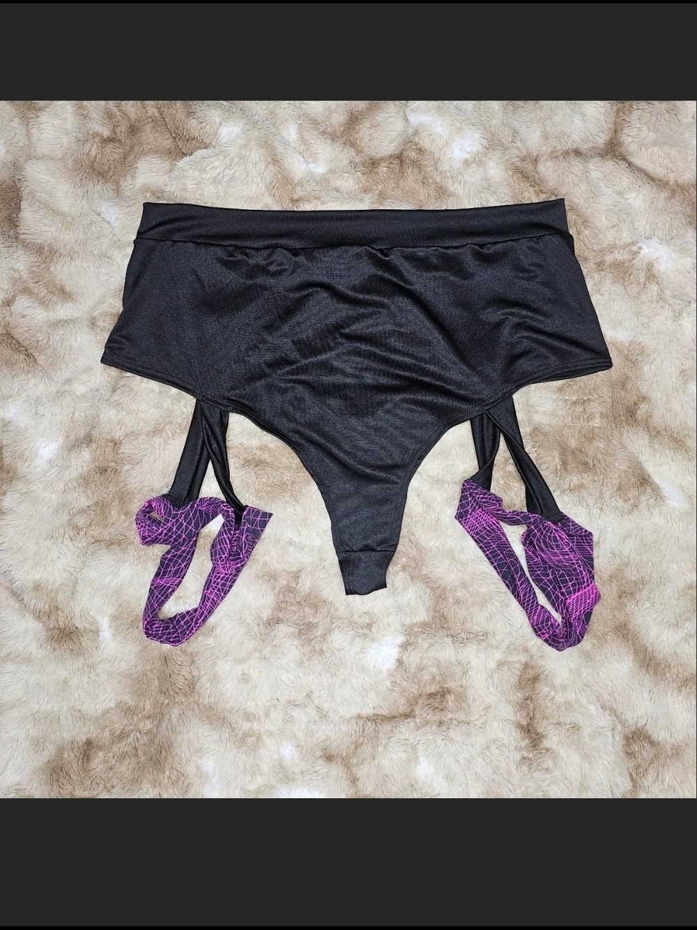 Black Ravewear Cheeky Bottoms w/ Purple Cyber Pring Leg Garters Festival EDM